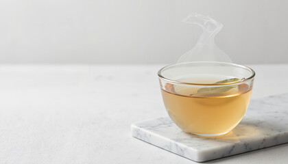 Glass cup of tea with steam on marble surface  