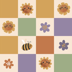 Seamless checkerboard pattern with sunflowers and bees. Perfect for fabric, wallpapers and gift designs