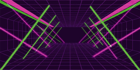 Futuristic neon tunnel background with glowing green and pink laser grid, retro cyberpunk sci fi corridor, immersive 3D perspective