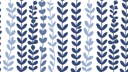 Simple seamless pattern of vertical leafy vines in two shades of blue, with some charming heart-shaped leaves on a white background.