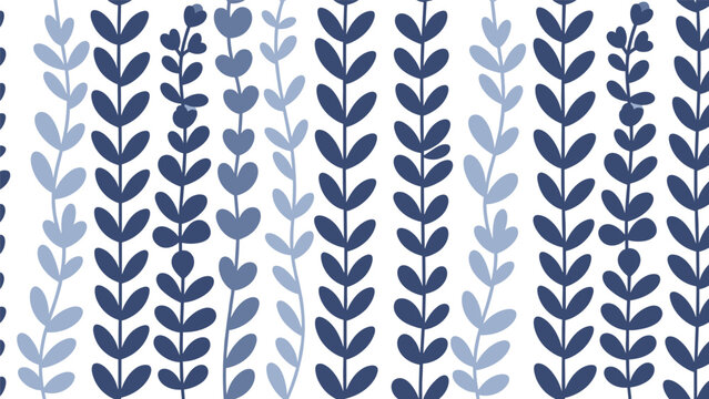 Simple seamless pattern of vertical leafy vines in two shades of blue, with some charming heart-shaped leaves on a white background.