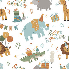 Vector seamless birthday pattern with safari animals. Seamless for wrapping paper, greeting cards and other. Can be used for wallpaper, textile, packaging.