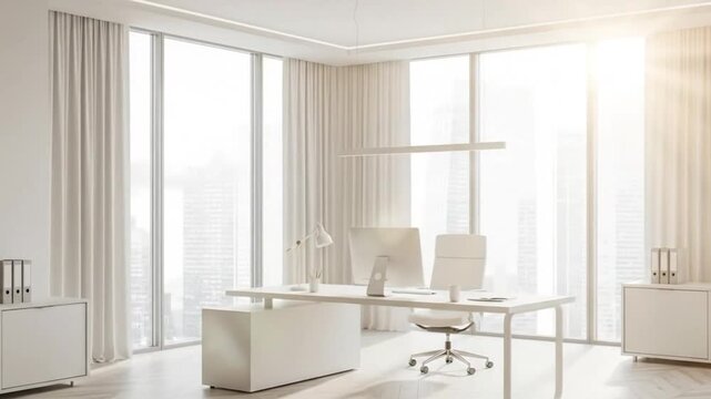 Minimalist White Executive Office Background with City View and Morning Light Dolly Shot