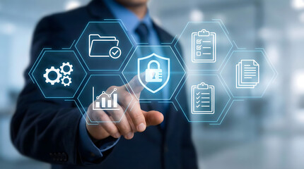 Businessman touching virtual screen with padlock icon,cybersecurity and data protection concept,digital information privacy,secure file management system,network safety technology and compliance.