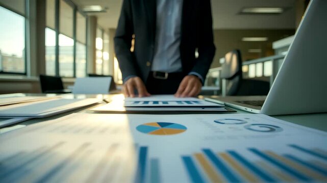 Business professional reviewing financial charts and data at office desk with laptop, reports and graphs during modern workday