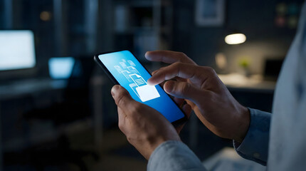 Close up of hands holding smartphone with file transfer icons,mobile data sharing concept,digital document management,cloud storage technology,online information exchange,sending application app.
