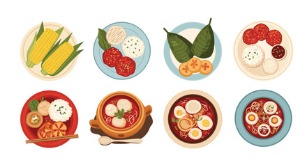 Collection of diverse Asian food dishes including corn on the cob, rice balls, meatballs, and various noodle soups in colorful bowls.