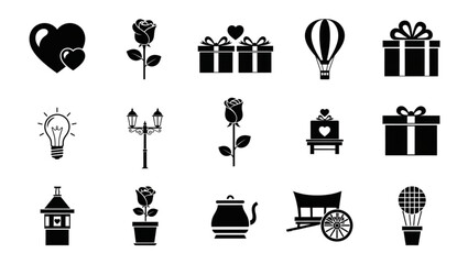 This image displays a collection of twelve simple black and white icons arranged in a grid pattern. The icons feature various objects related to romance and classic design, 