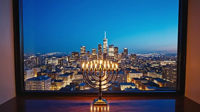 menorah with lit candles on window with night city view