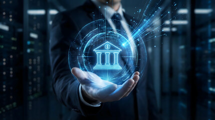 A businessman holds a virtual icon of a bank building,symbolizing digital banking and financial security,fintech innovation connects global finance with secure online transactions.