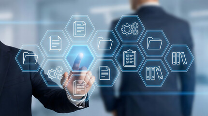 A hand interacts with a digital hexagonal interface of file folders,symbolizing efficient data management and organization,advanced technology streamlines document archiving processes.