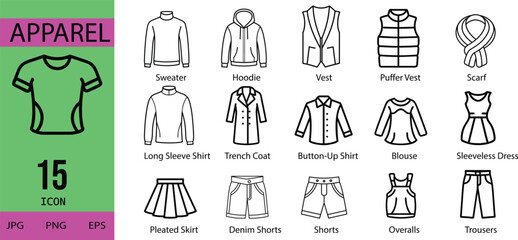 Vector illustration set of fashion clothing icons including shirts dresses jackets pants and suits for men and women