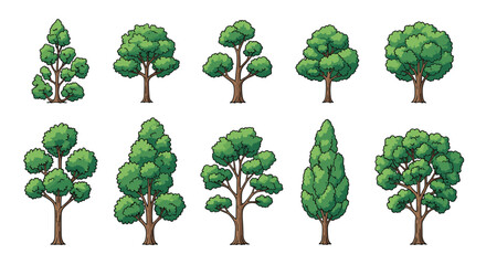 Comprehensive collection of ten diverse green trees in various shapes and sizes, suitable for landscape and nature designs.