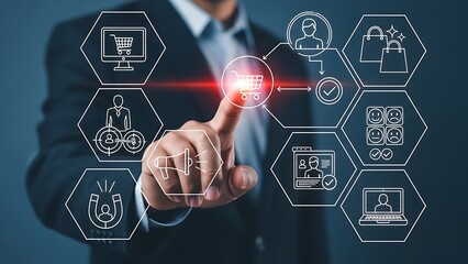 Businessman interacting with virtual interface icons on finger touch futuristic technology