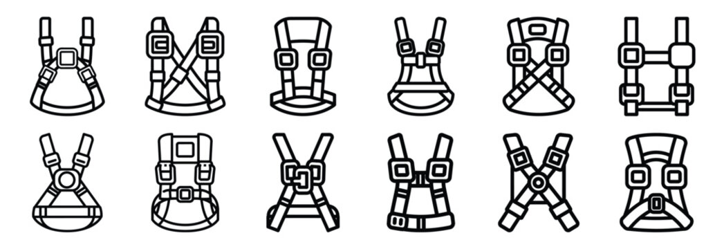 Set of outline icons safety harness . construction simple line isolated icon set collection