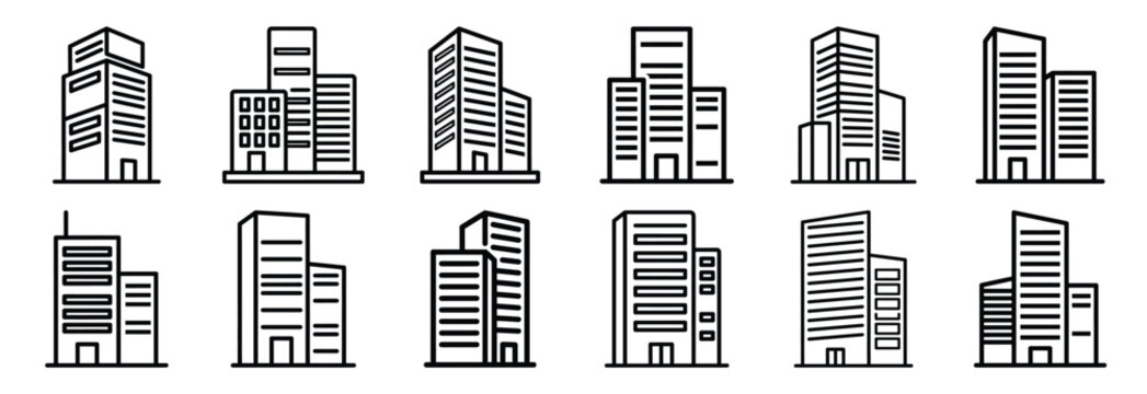 Set of outline icons smart building . construction simple line isolated icon set collection