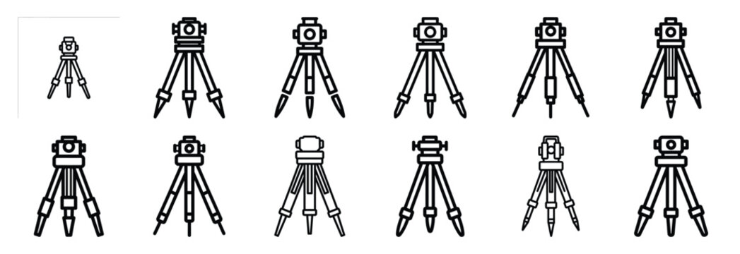 Set of outline icons survey tripod . construction simple line isolated icon set collection
