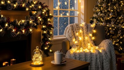 Fototapeta premium Cozy winter scene with christmas decor and warm lighting in a living room