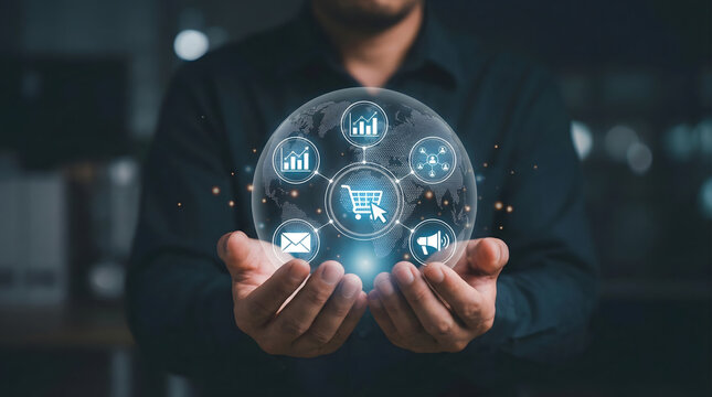 Man,holding,glowing,digital,sphere,with,e-commerce,and,marketing,icons,global,online,shopping,business,data,analytics,and,omnichannel,retail,strategy,concept,with,worldwide,network,connect. - Powered by Adobe
