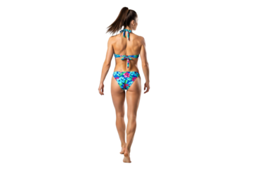 Woman in blue floral bikini walking away isolated on transparent background