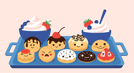 Fototapeta premium Blue tray filled with an assortment of cute dessert characters and bowls of cream topped with berries on a pink background.
