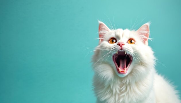 Fluffy white cat with orange eyes opens mouth wide in shock. Animal has sharp teeth, whiskers, pink nose. Purebred kitty looks surprised. Cute pet expresses amazement.