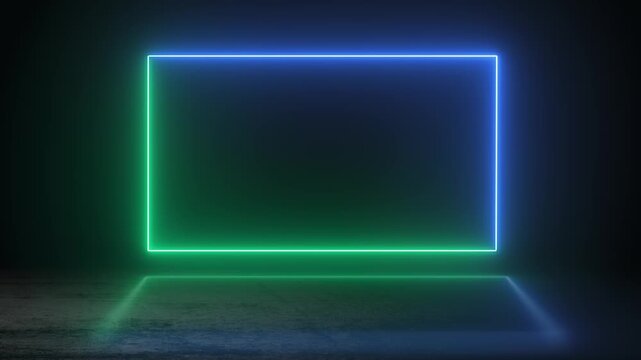 Glowing Neon Rectangle Frame on Dark Reflective Surface
