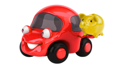 Whimsical Red Cartoon Car Carrying a Yellow Piggy Bank