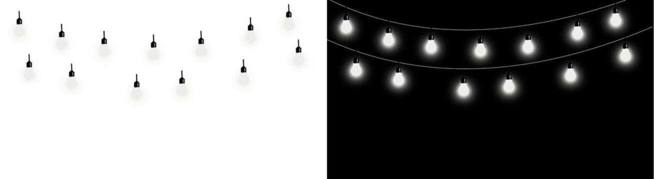 PNG image of&nbsp;A collection of string lights featuring illuminated bulbs and decorative white globe lanterns on transparent background