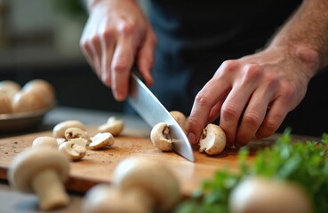 Obraz premium Chef cuts champignons on wooden board. Hands use knife for chopping fresh mushrooms. Preparing ingredient for meal. Healthy food in kitchen for dinner. Cooking process for vegetarian dish.