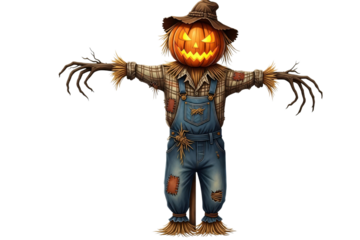 Scarecrow with pumpkin head isolated on transparent background