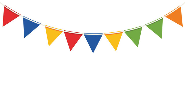 Simple and colorful party bunting with rainbow-colored triangular flags hanging on a string, isolated on a white background.