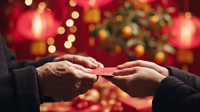 Close-up of adult giving a red envelope to a child with blurred red lanterns and lights in the background.