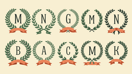 Fototapeta premium Set of classic laurel wreath monograms with capital letters and ribbons, creating a vintage and elegant emblem design collection.