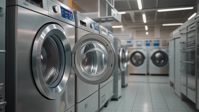 Row of washing machines in laundromat. Front load washers. Stainless steel appliances. Laundry room interior. Industrial laundry equipment. Cleaning machines. Metal washers. Blue display
