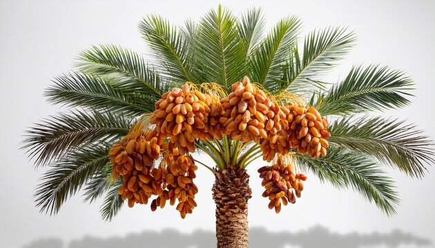 a vibrant date palm tree stands tall laden with clusters of ripe orange dates and lush green fronds isolated against a clean background background removed