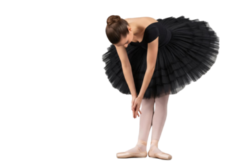 Young ballerina in black tutu bowing, isolated on transparent background