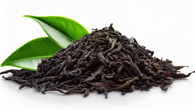 close up of dried black tea leaves with a single green leaf isolated on a white background background removed