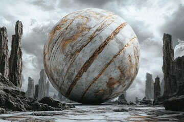 Massive celestial sphere rests on rugged terrain with dramatic clouds overhead