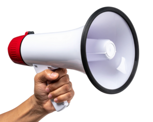 male hand holding a megaphone on a white background with clipping path 