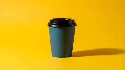A teal reusable coffee cup with a black lid on a bright yellow background with shadow