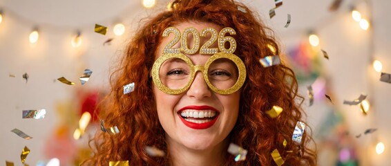 A woman with curly red hair wearing 2026 New Year's Eve glasses and smiling with confetti around her