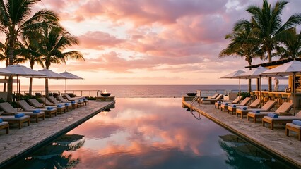 Luxury Tropical Resort Infinity Pool at Sunset with Palm Trees and Ocean View