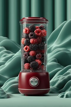 Mini batidora roja con frambuesas y moras, Batidora individual con frutos rojos sobre fondo texturizado, Mockup para marca de electrodom&eacute;sticos peque&ntilde;os, Imagen para publicidad de productos healthy