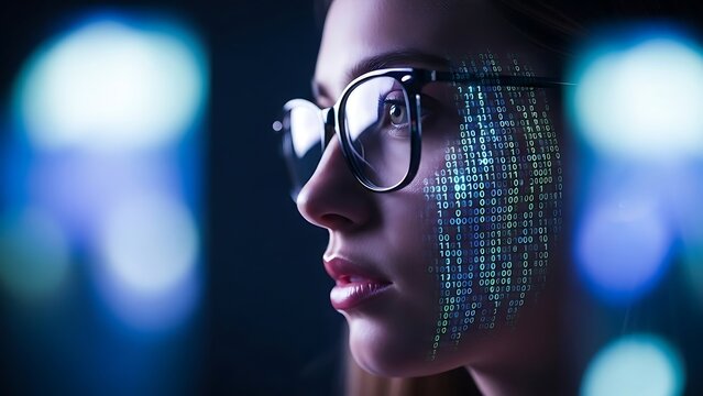 A woman wearing glasses and a digital mask that displays binary code. - Powered by Adobe