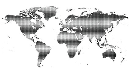 Obraz premium Global map of the world created with a black halftone dot pattern, presenting a modern, abstract representation of continents.