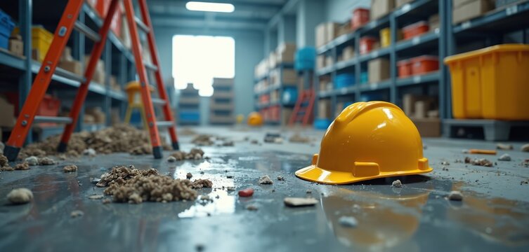 Yellow hard hat lies on messy warehouse floor near ladder and debris. Unsafe construction site condition with scattered materials requires cleanup for worker protection.