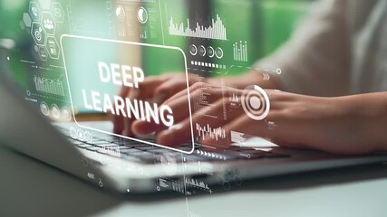 Close-Up of Hands Typing on Laptop with Deep Learning Visualization and Data Graphics in Soft Focus. Asymptotic smart data analytic. - Powered by Adobe