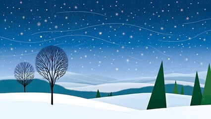 A serene snowy landscape with trees under a starry night sky with shooting stars streaking across the dark blue sky
