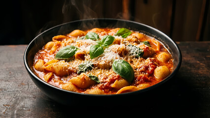 Delicious steaming bowl of italian conchiglie pasta with rich tomato sauce fresh basil and parmesan